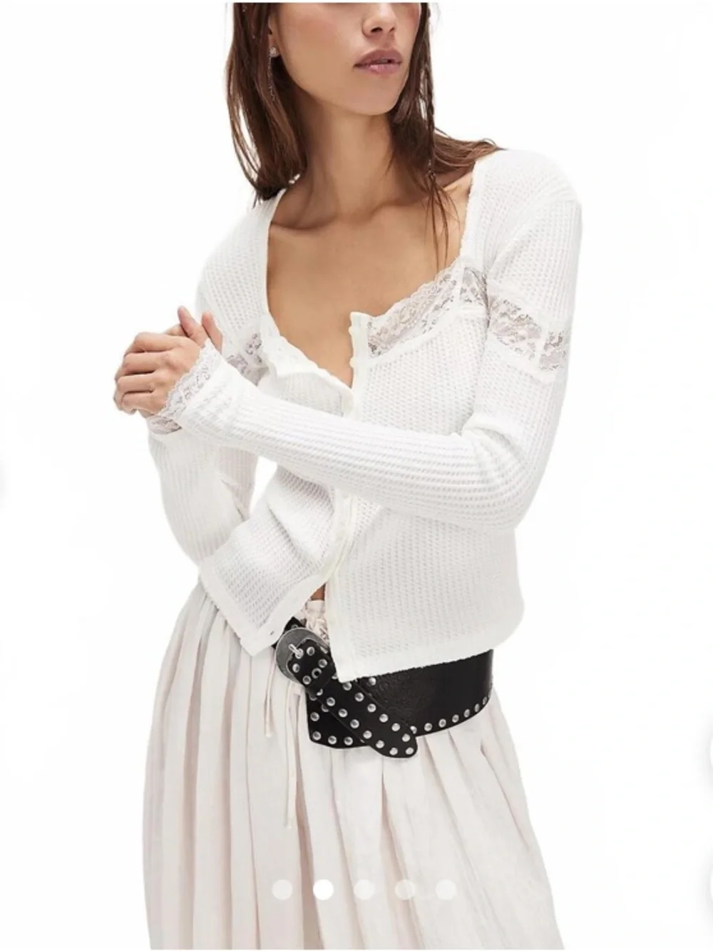 Free People White Lace-Trim Waffle Knit Button Cardigan
